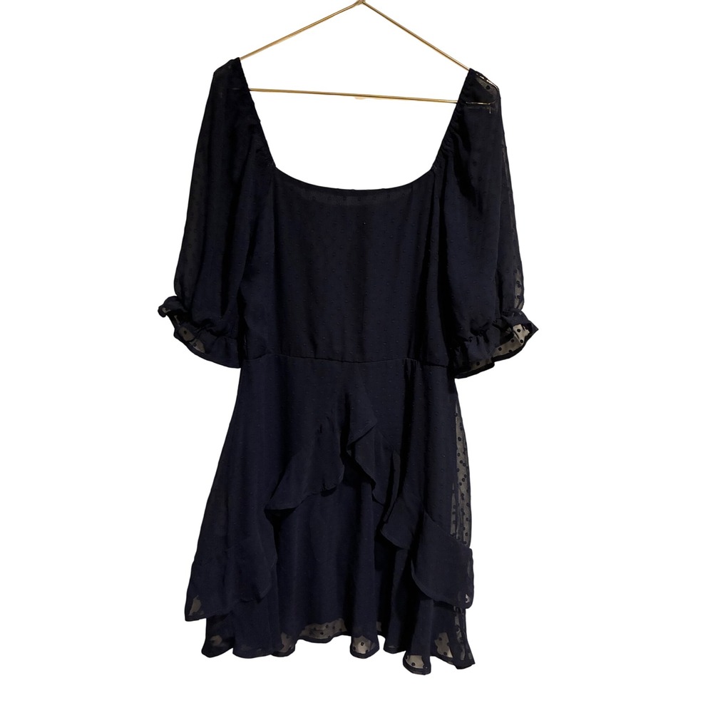 Trixxi Navy Blue Swiss Dot Ruffle Fit Flare Dress Square Neck Size L 26AW47IPCI
